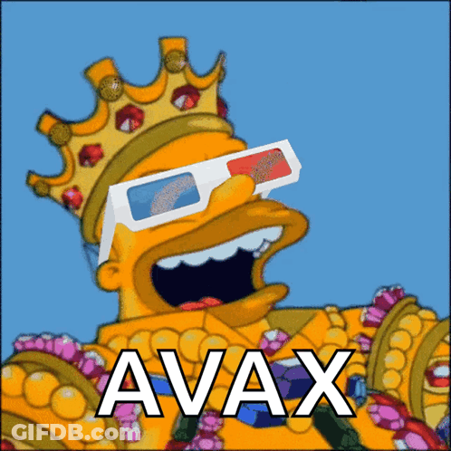 A Cartoon Of Homer Simpson Wearing A Crown And 3D Glasses With Avax Written Below Him GIF