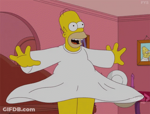 A Cartoon Of Homer Simpson Wearing A White Dress With The Letters Fys On The Bottom GIF
