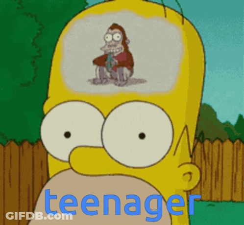 A Cartoon Of Homer Simpson With A Monkey In His Head And The Word Teenager Underneath GIF