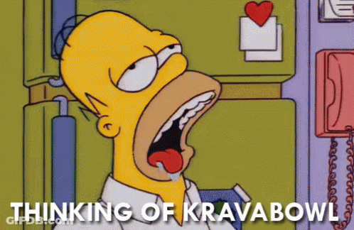 A Cartoon Of Homer Simpson With His Mouth Open And The Words " Thinking Of Kravabowl " Below Him GIF