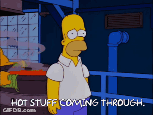 A Cartoon Of Homer Simpson With The Words Hot Stuff Coming Through Below Him GIF