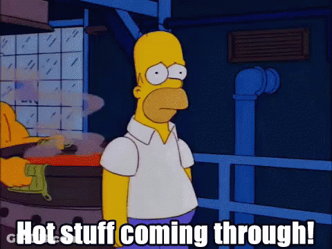 A Cartoon Of Homer Simpson With The Words Hot Stuff Coming Through Written Below Him GIF