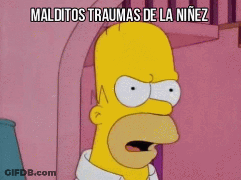 A Cartoon Of Homer Simpson With The Words Maldito Traumas De La Niñez Above Him GIF