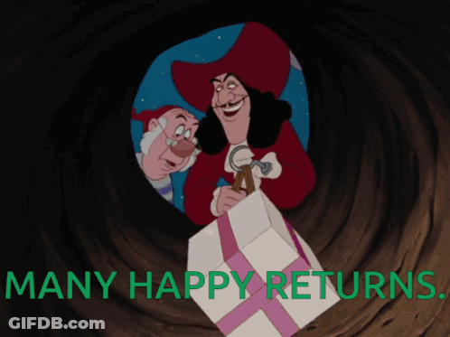 A Cartoon Of Hook Holding A Box With The Words Many Happy Returns GIF