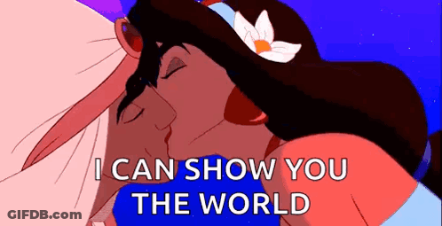 A Cartoon Of Jasmine And Aladdin Kissing With The Words " I Can Show You The World " GIF