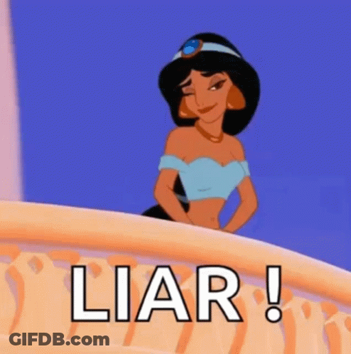 A Cartoon Of Jasmine From Aladdin Standing On A Balcony With The Word Liar Written Below Her GIF