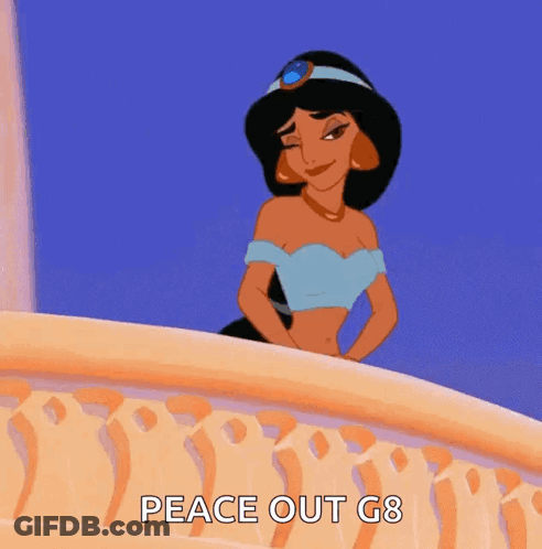 A Cartoon Of Jasmine Standing On A Balcony With The Words Peace Out G8 Above Her GIF
