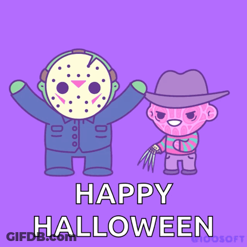 A Cartoon Of Jason Voorhees And Freddy Krueger With The Words Happy Halloween Below Them GIF