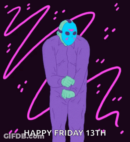 A Cartoon Of Jason Voorhees Dancing With The Words Happy Friday 13Th GIF