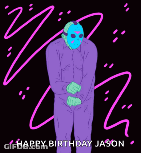 A Cartoon Of Jason Voorhees In A Purple Suit GIF