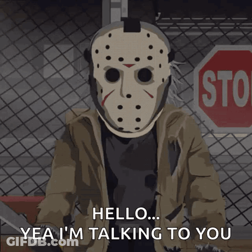 A Cartoon Of Jason Voorhees With A Stop Sign Behind Him GIF