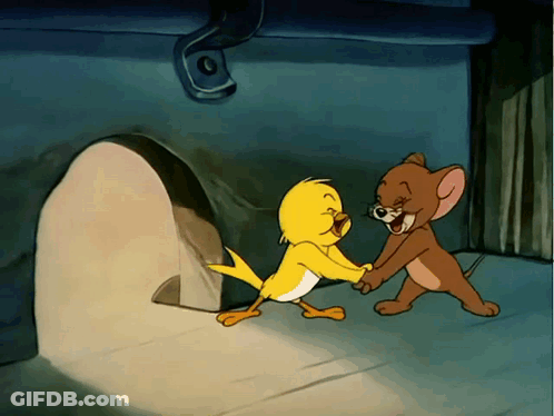 A Cartoon Of Jerry And A Yellow Duck Holding Hands GIF