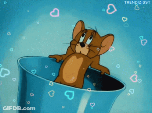 A Cartoon Of Jerry In A Blue Cup With Hearts Around Him GIF
