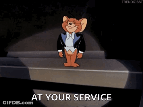 A Cartoon Of Jerry In A Tuxedo With The Words At Your Service Above Him GIF