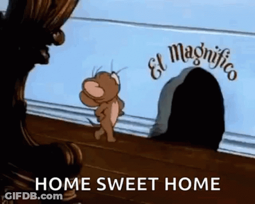 A Cartoon Of Jerry Running Towards A Mouse Hole With The Words `` Home Sweet Home '' . GIF