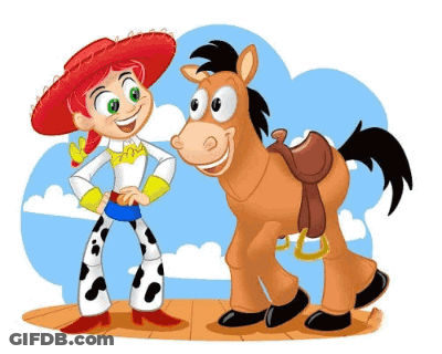 A Cartoon Of Jessie From Toy Story And A Horse GIF