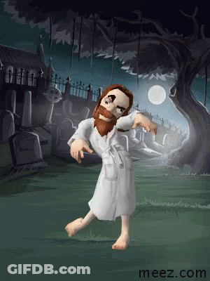 A Cartoon Of Jesus Dancing In A Cemetery With The Website Meez.com In The Corner GIF