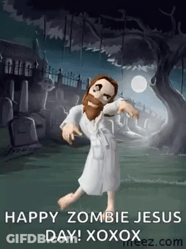A Cartoon Of Jesus Dressed As A Zombie In A Robe Is Dancing In A Cemetery . GIF