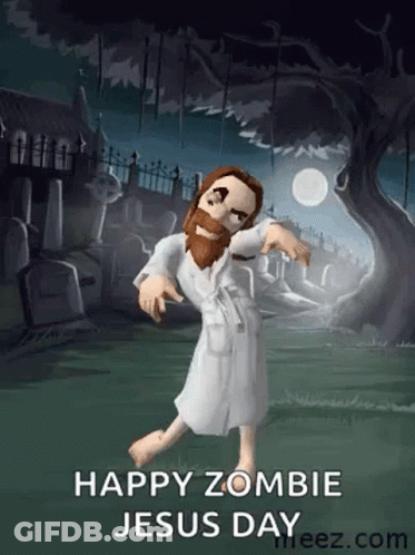 A Cartoon Of Jesus Dressed As A Zombie Is Dancing In A Cemetery At Night . GIF