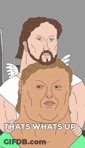 A Cartoon Of Jesus Holding A Man 'S Head With The Words That 'S What 'S Up GIF
