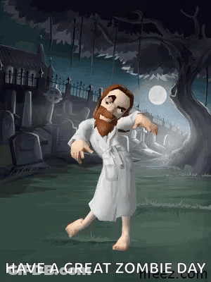A Cartoon Of Jesus In A Robe Dancing In A Cemetery At Night . GIF