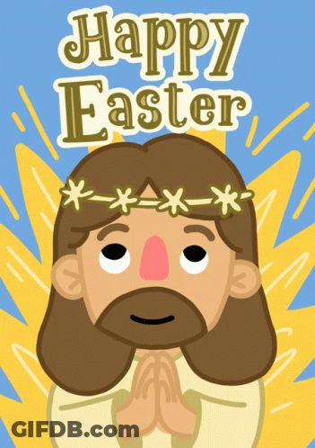 A Cartoon Of Jesus Praying With The Words Happy Easter Written Above Him GIF