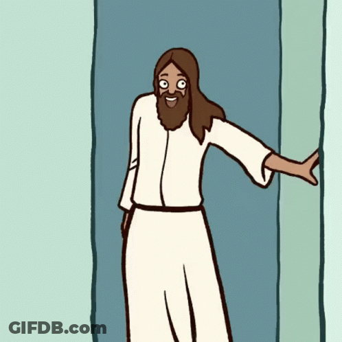 A Cartoon Of Jesus Standing In A Doorway With His Arm Outstretched GIF