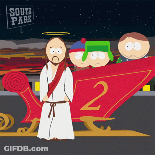 A Cartoon Of Jesus Standing Next To A Sled With The Number 2 On It GIF