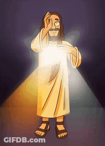 A Cartoon Of Jesus Taking A Selfie With His Cell Phone GIF