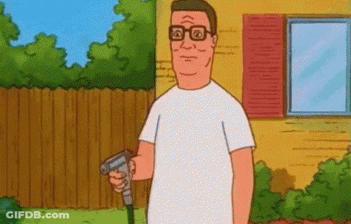 A Cartoon Of King Of The Hill Holding A Hose In Front Of A House . GIF