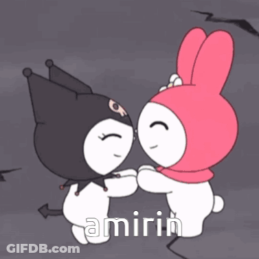 A Cartoon Of Kuromi And My Melody Holding Hands With The Word Amiri In The Corner GIF