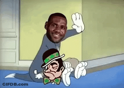 A Cartoon Of Lebron James Sitting On Top Of A Man With A Pipe In His Mouth . GIF