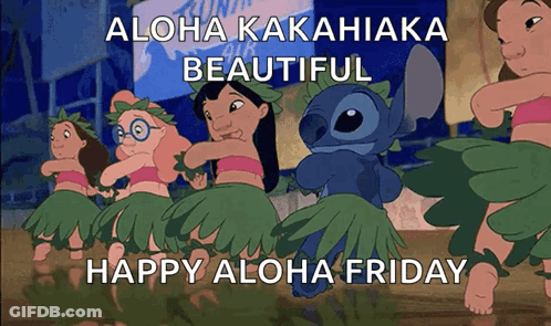 A Cartoon Of Lilo And Stitch Dancing With The Caption " Aloha Kakahiaka Beautiful " GIF