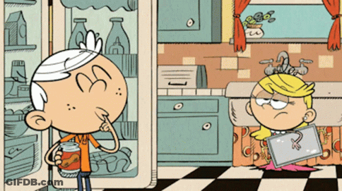 A Cartoon Of Lincoln And Lori In A Kitchen With A Can Of Soup GIF