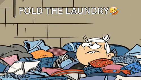 A Cartoon Of Lincoln Loud Laying On A Pile Of Clothes With The Words Fold The Laundry Above Him GIF