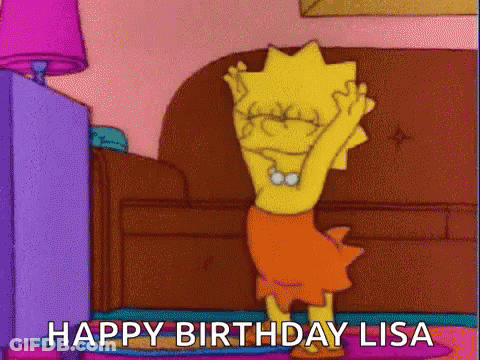 A Cartoon Of Lisa Simpson Dancing In A Living Room With The Words `` Happy Birthday Lisa '' Written Below Her . GIF