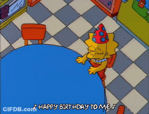 A Cartoon Of Lisa Simpson Sitting At A Table With The Words Happy Birthday To Me Below Her GIF