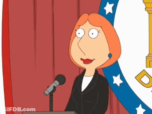 A Cartoon Of Lois Griffin Giving A Speech In Front Of A Microphone GIF
