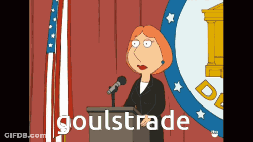 A Cartoon Of Lois Griffin Giving A Speech That Says ' Goulstrade ' On The Bottom GIF