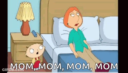 A Cartoon Of Lois Griffin Sitting On A Bed Next To A Child GIF