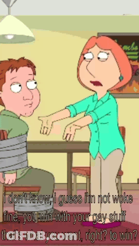 A Cartoon Of Lois Griffin Talking To A Boy Tied Up With Tape GIF