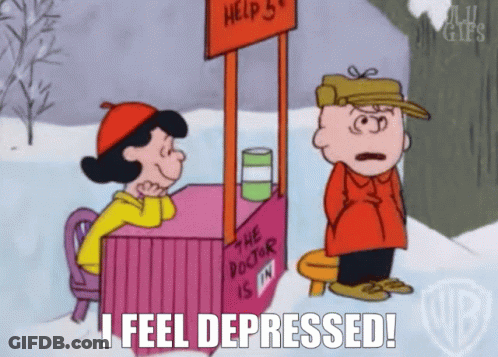 A Cartoon Of Lucy And Charlie Brown Talking To Each Other With The Words I Feel Depressed Below Them GIF