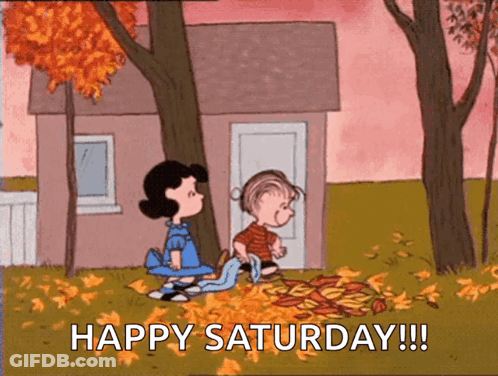 A Cartoon Of Lucy And Linus Playing With Leaves With The Caption Happy Saturday GIF
