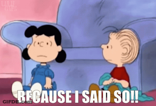 A Cartoon Of Lucy And Linus Sitting On A Couch With The Caption " Because I Said So " GIF