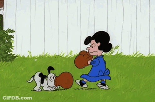 A Cartoon Of Lucy And Snoopy Boxing In The Grass . GIF