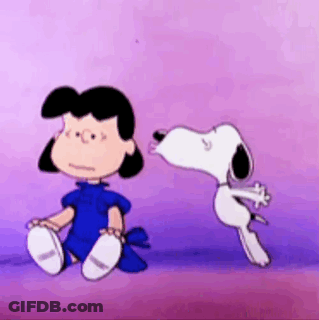 A Cartoon Of Lucy And Snoopy Dancing Together On A Pink Background . GIF