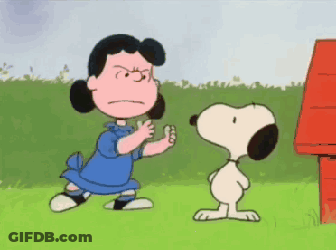 A Cartoon Of Lucy And Snoopy In Front Of A Doghouse GIF