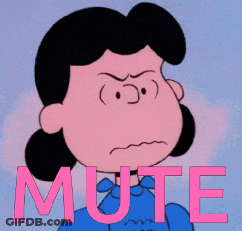 A Cartoon Of Lucy Brown With The Word Mute In Pink GIF