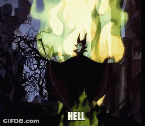 A Cartoon Of Maleficent From Sleeping Beauty With The Word Hell Above Her GIF