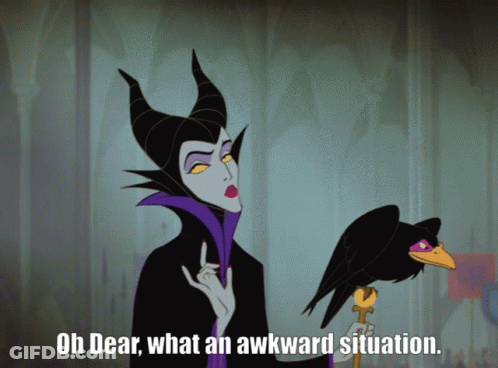 A Cartoon Of Maleficent Holding A Black Bird With The Caption Oh Dear What An Awkward Situation GIF
